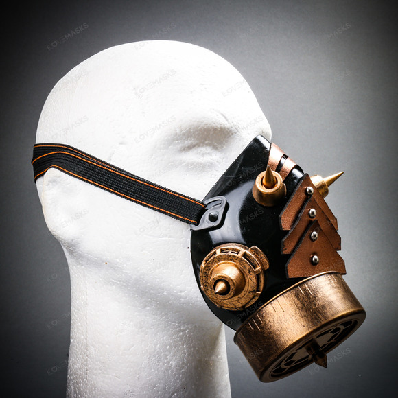 Half Face Steampunk Costume Mask with Spiked - Black Gold - Picture 6 of 7